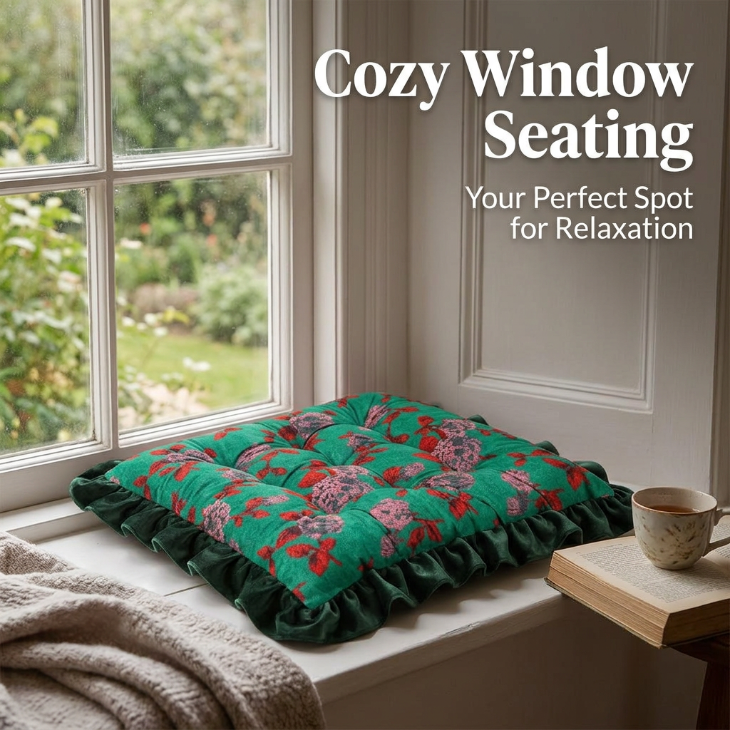 Floral Tatami Seat Cushion, Velvet Floral Ruffled Seat Cushion, Romantic Ruffled Window Seat Cushion, Seat Pad for Chair, Chair Pad for Dining