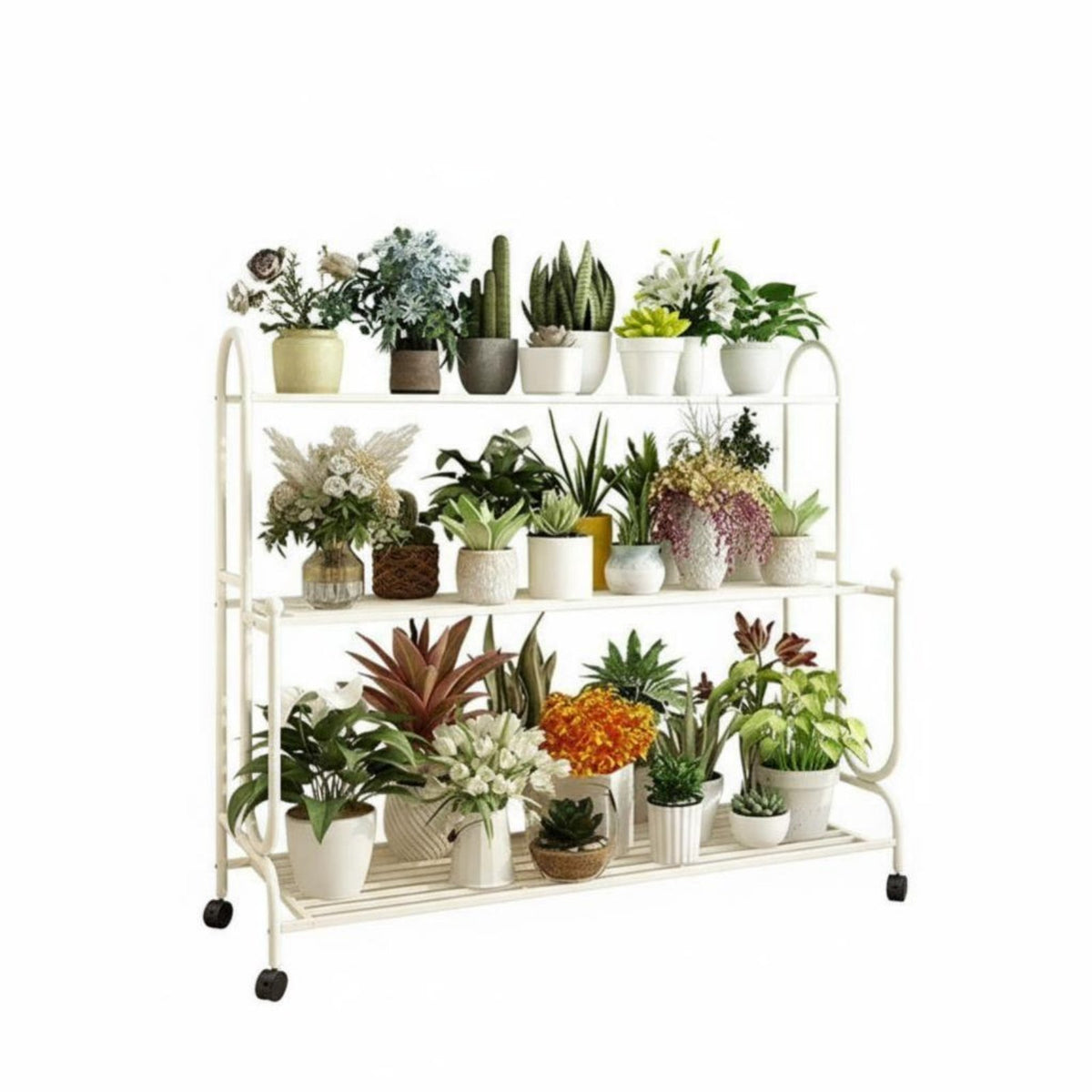 Multi-Layer Design 3-Tier Rolling Plant Trolley 360° Swivel Wheels Flower Rack Sturdy Frame Garden Supply Large Capacity for Gardening Enthusiasts, Event Planners, Balcony, Living Room, Indoor, Wedding