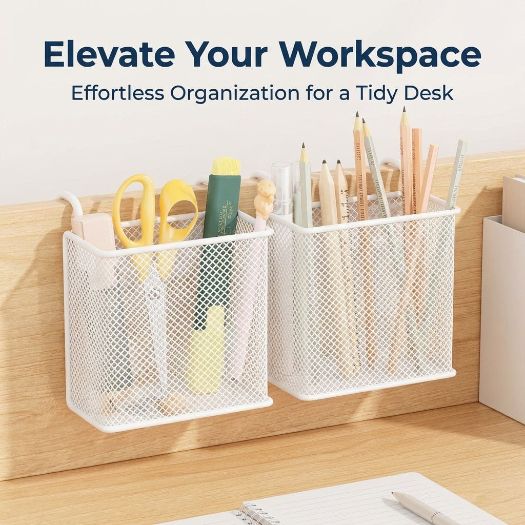 Hanging Desk Organizer Metal Pen Holder for Cubicle Partition, Suspended Storage Basket for Office Workers, Square Shape Hook Mount