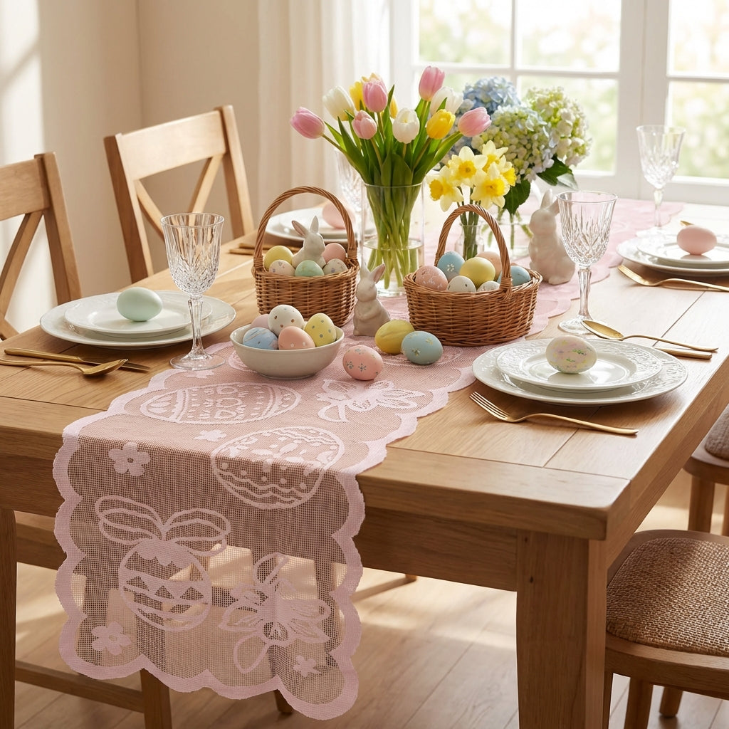 Easter Lace Table Runner Intricate Cutouts Easter Table Runner Machine Washable, Lace Fabric Table Cloth for Home Stylists, Party Hosts, Kitchen, Rectangle Tables