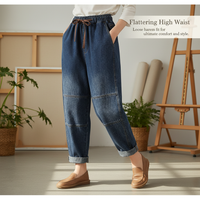 Women's Vintage Distressed Denim Harem Pants with Drawstring Waist