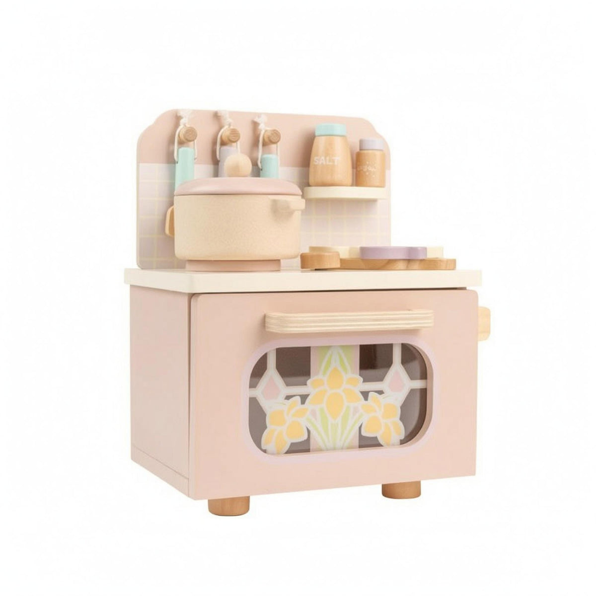 Wooden Play Kitchen with Hooks Toy Kitchen Set Interactive Knobs Children's Plaything for Playroom