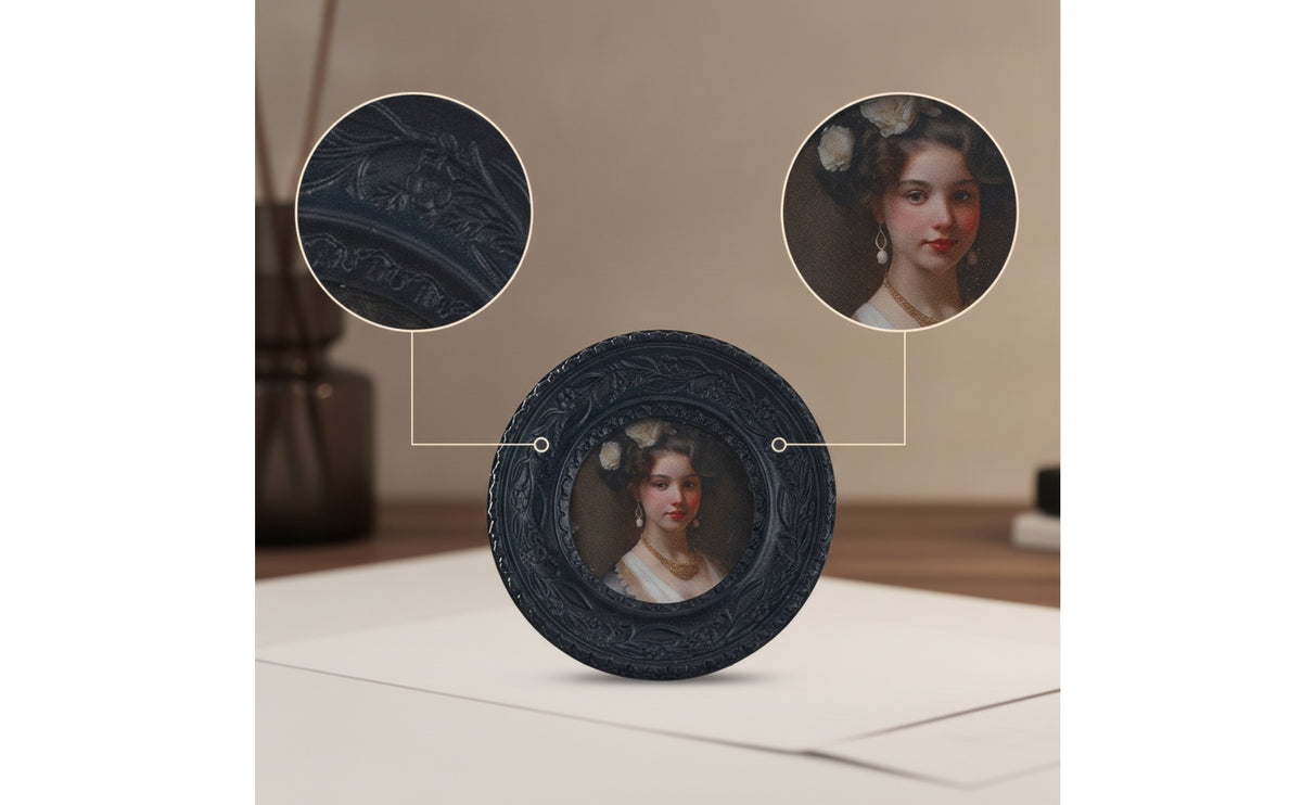 Round Photo Frame Floral Round Picture Frame Compact Black for Collectors, Desk, Mantel