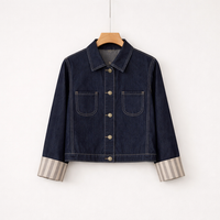 Denim Jackets Women Plus Size Cropped with Embroidered Details, Oversized Long Sleeve Design with Striped Cuffs, Casual Wear for Spring