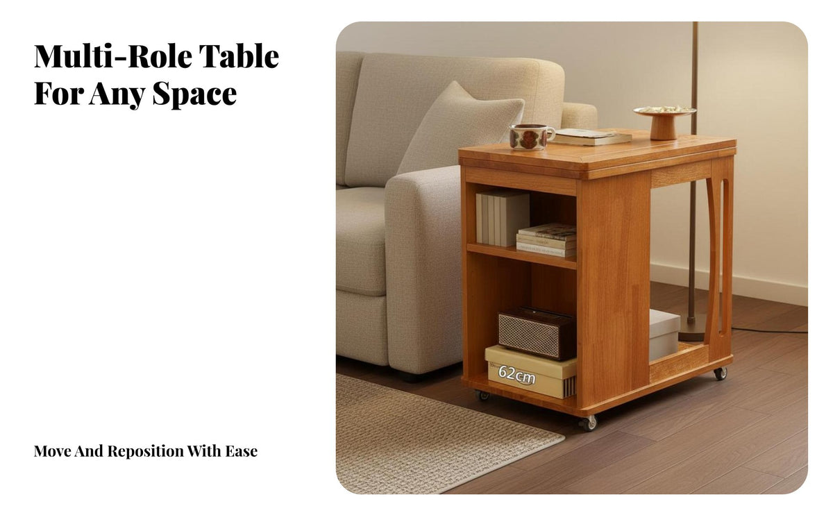 Space Saving Mobile Coffee Table with Storage Shelves Multi-Functional Design Rolling Side Table with Storage Easy Assembly Living Room Furniture for Apartment Dwellers, Homeowners, Students, Small Areas, Bedroom, Home Office