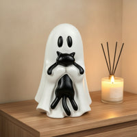 Halloween Ghost with Black Cat Cute Ghost Cat Figurine Tabletop Decoration Festive for Shelf, Desk, Party