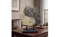 Yin Yang Sculpture Textured Yin-Yang Sculpture Oriental Disc Ornament with Base for Meditation Room