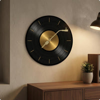Vinyl Records Wall Clock Reinforced Glass Music Themed Wall Clock Gold-Tone Timepiece for Indoor