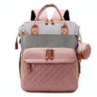 Faux Leather Trim Woven Diaper Backpack Quilted Panel Rectangular Diaper Backpack Top Carry Handle Carryall Multiple Compartments