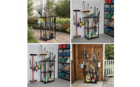 Metal Garden Tool Rack Freestanding Tool Organizer with Hooks Three-Tier Heavy Duty for Homeowners