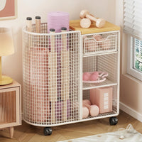 Mesh Storage Cart with Wood Top Compact Rolling Cart with Table Top Space-Saving Rolling Organizer Rack for Yogis, Small Apartment, Fitness Studio