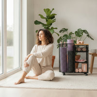 Mesh Storage Cart with Wood Top Compact Rolling Cart with Table Top Space-Saving Rolling Organizer Rack for Yogis, Small Apartment, Fitness Studio