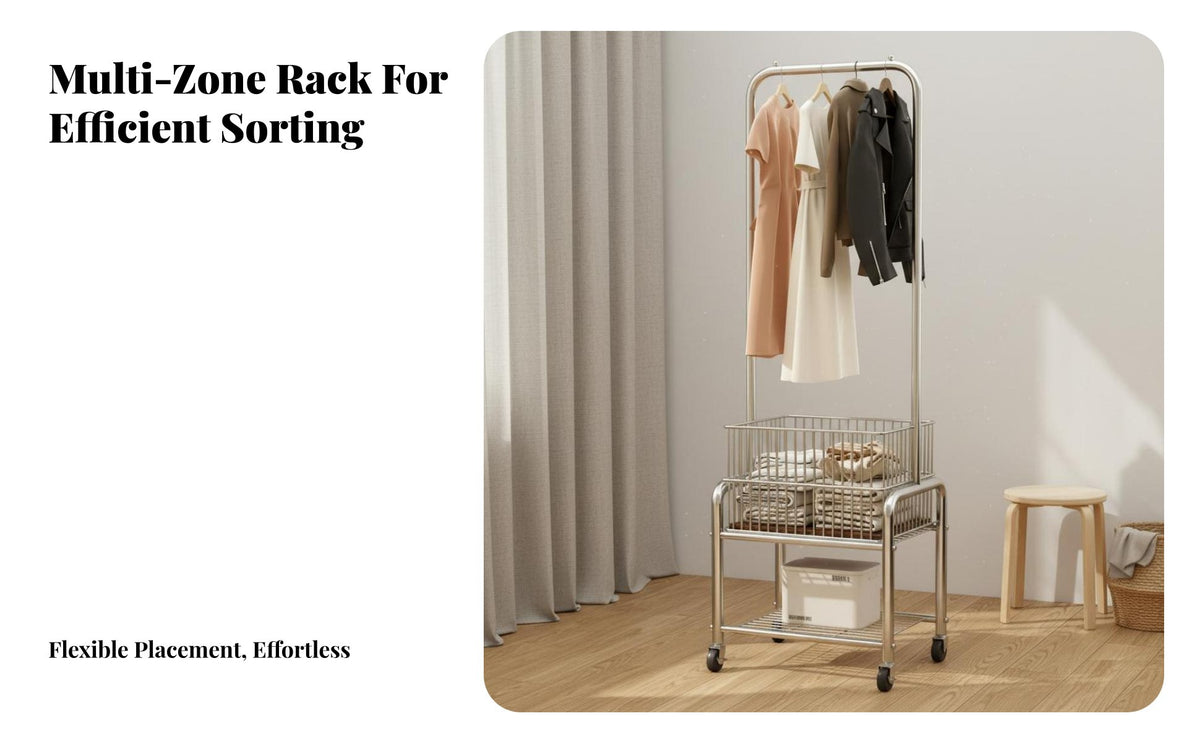 Space-Saving Clothes Rack with Laundry Basket Multi-Functional Mobile Garment Rack with Shelves 360° Swivel Wheels Mobile Clothes Organizer Sturdy & Long-Lasting for Apartment Dwellers, Students, Homeowners, Bedroom, Dorm Room, Entryway