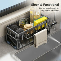Bathroom Sink Organizer with Sloped Drain Rack for Home Kitchen, No-Drill Under Storage for Sponges & Brushes, Integrated Dishcloth Bar, Tidy Solution