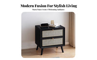Japanese aesthetic Bedside Cabinet with Rattan Drawer Woven Front Rattan Drawer Nightstand durable Wood Legs End Table Vintage Inspired for Apartment Dwellers, Homeowners, Young Adults, Bedroom, Small Spaces, Guest Room, Home Office