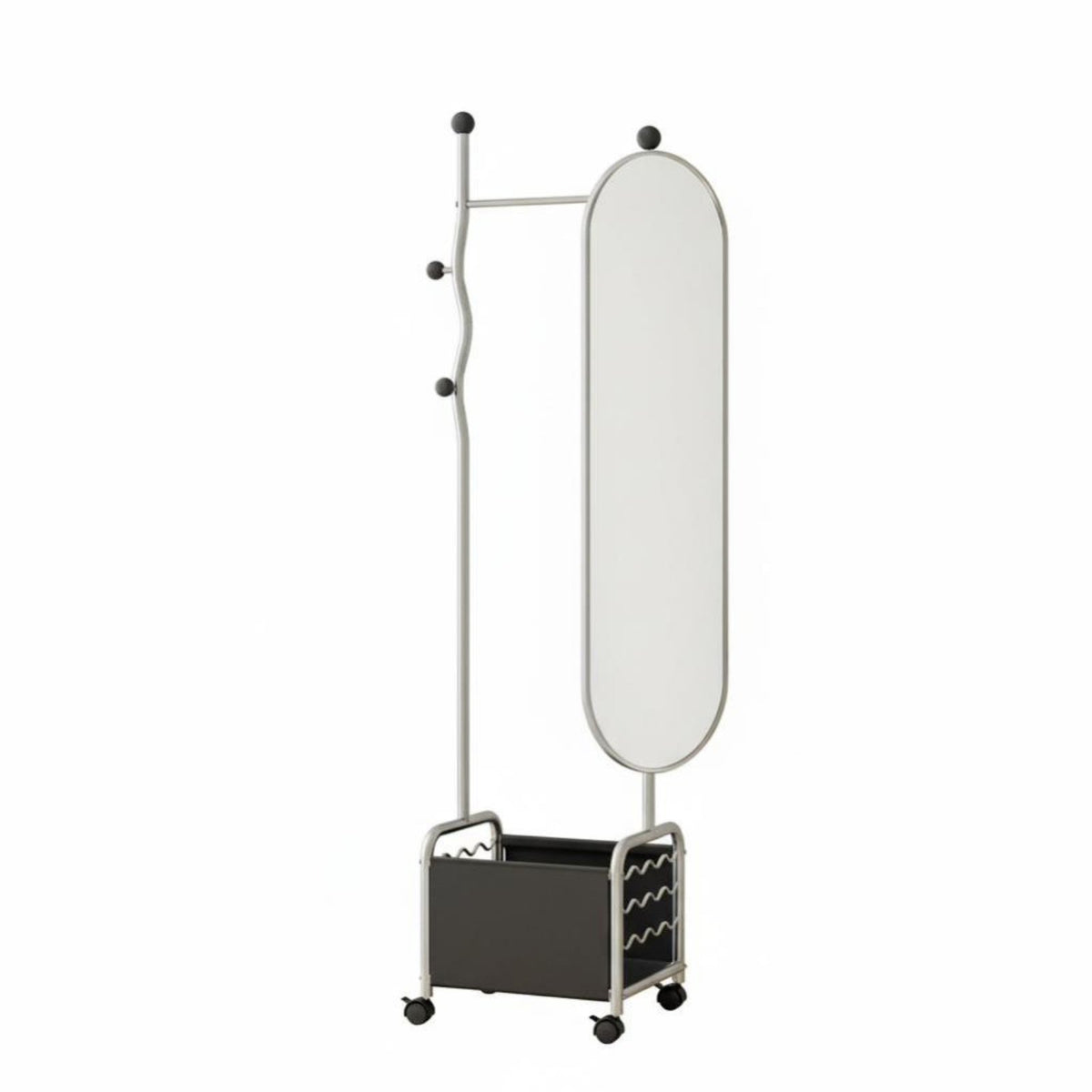 Mobile on Wheels Rolling Valet with Storage Basket Space-Saving Garment Stand 3-in-1 Design Bedroom Furniture for Students, Renters, Adults, Entryway, Dorm Room