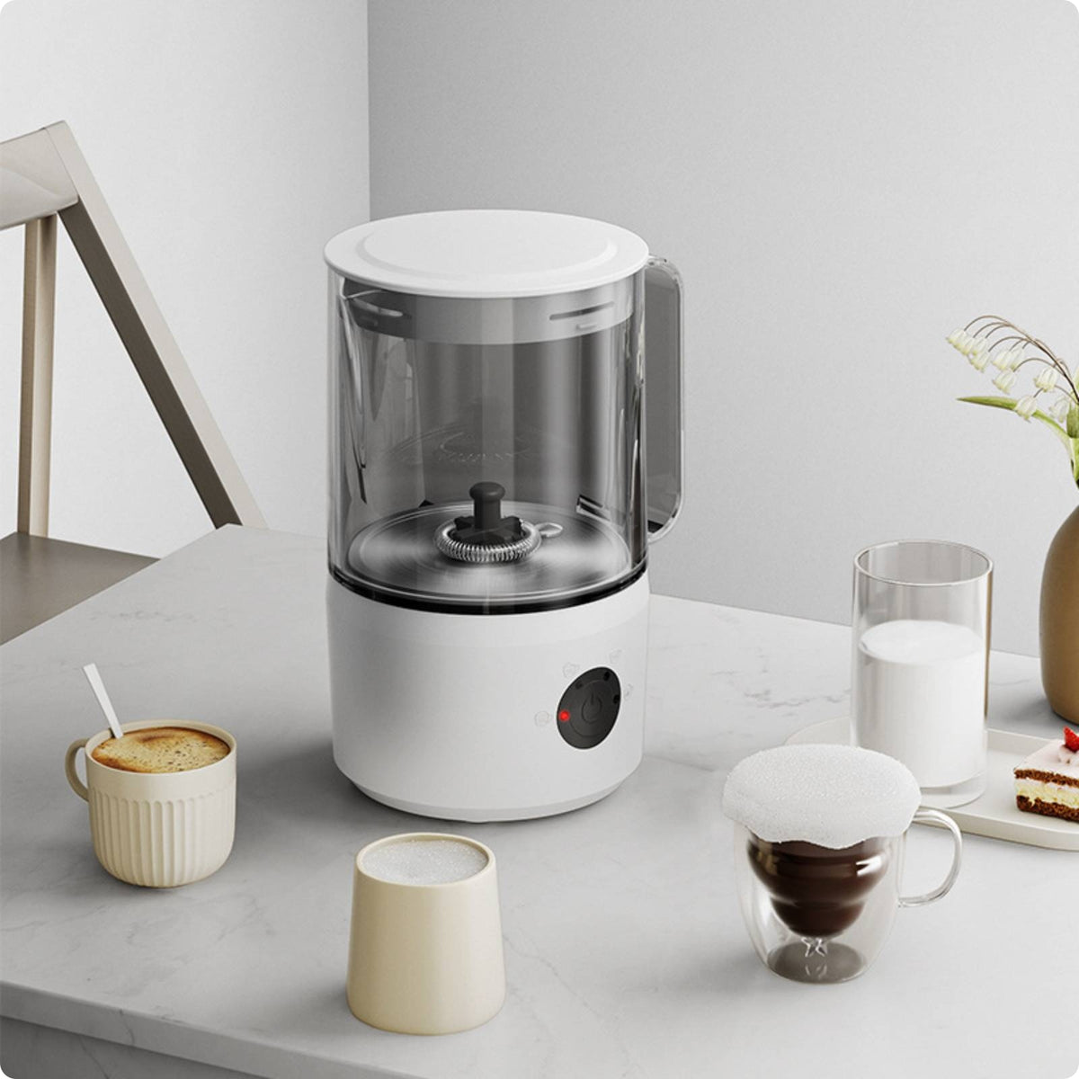 Electric Milk Frother White Base Milk Frother Compact Storage Beverage Mixer