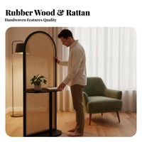 Retro Design Rattan Divider with Shelves Multi-Functional Arched Rattan Screen with Shelves Freestanding Storage Shelf Exposed Shelving for Apartment Dwellers, Interior Designers, Telecommute Workers, Entryway, Bedroom