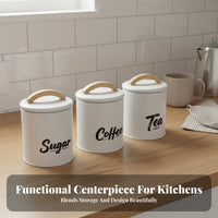 3 Pieces Kitchen Canister Set with Wooden Handles Space-Saving Coffee Tea Sweetener Canister Set Metal Food Storage Tins