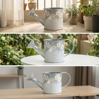 Watering Can with Floral Motif Galvanized Watering Can with Distressed Finish Metal Flower Pot Ribbed Planter Compact