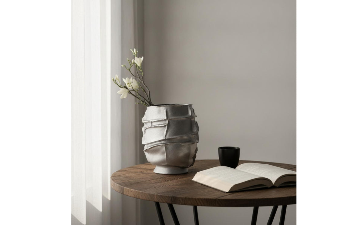 Ceramic Vase Featuring Relief Bands Silver Vase with Shiny Finish Sculptural Vases for Tabletop, Living Room, Entryway