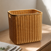 Woven Storage Baskets, Rectangular Wicker Basket with Cut-Out Handles, Tan Synthetic Rattan for Living Room & Cupboard Organiser