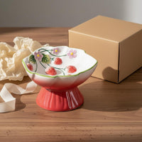 Elevated Strawberry Pet Bowl Anti-Tipping Ceramic Slow Feeder Raised Pattern Tilted Raised Pet Bowl for Cats, Dogs