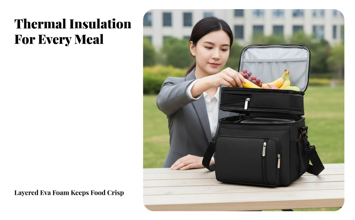 Large Capacity two Compartment Insulated Bag spill-resistant seamless interior lining two Compartment Food container Detachable Shoulder Strap chiller Tote for Outdoor lovers, Office Workers, al fresco meal, Camping, journey journey, School