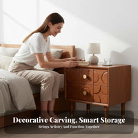 Nordic Design Carved 2-Drawer Nightstand Mid-Twentieth Century-Century Modern Aesthetic Carved 2-Drawer End Table Versatile Use Bedside Cabinet Brass Knobs for Homeowners, Apartment Dwellers, Adults, Guest Room, Hotel, Entryway