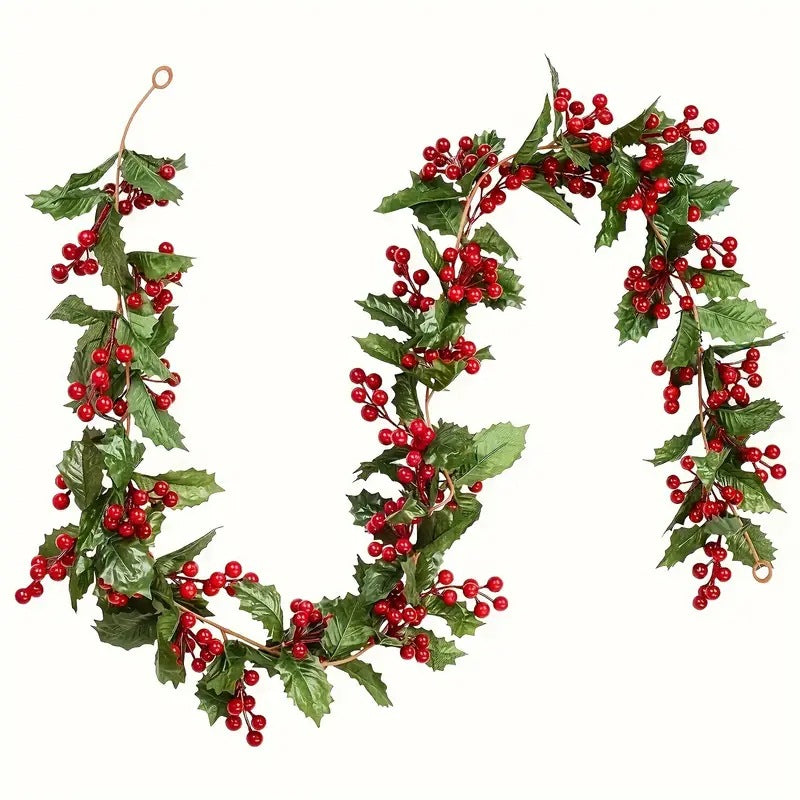Artificial Christmas Vine with Green Leaves and Red Berries