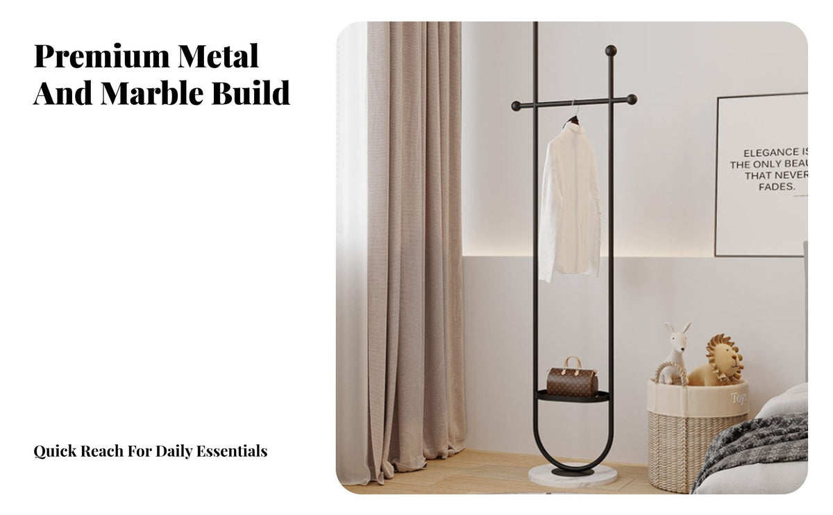 Space-Saving Floor Standing Coat Rack Easy Assembly Bedside Clothes Hanging Rack Light Luxury Design Liberate Standing Clothes Stand for Apartment Dwellers, Young Adults, Bedroom, Entryway, Cloakroom, Dorm Room