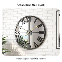 European Design Round Iron Wall Clock Non Ticking Large Mirrored Wall Clock Battery Operated for Homeowners, Decorators, Living Room