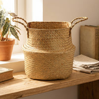 Laundry Basket for Versatile Laundry Storage, Seagrass Belly Plant Pot and Plant Basket, Foldable Toy Basket or Storage Bag, Handmade Handle