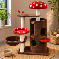 Rope-Wrapped Fungus Feline Tree Hanging bedStyle Multi Level Feline Structure Arched Opening Pet Furniture Dangling Toys