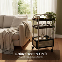 Rattan Weave Accent 2-Tier Rolling Table Vintage design 2-Tier Rolling Organizer Mobile Design Storage Trolley Wood Top for Apartment Dwellers, Homeowners, Office Workers, Living Room, Bedroom, Kitchen, Bathroom