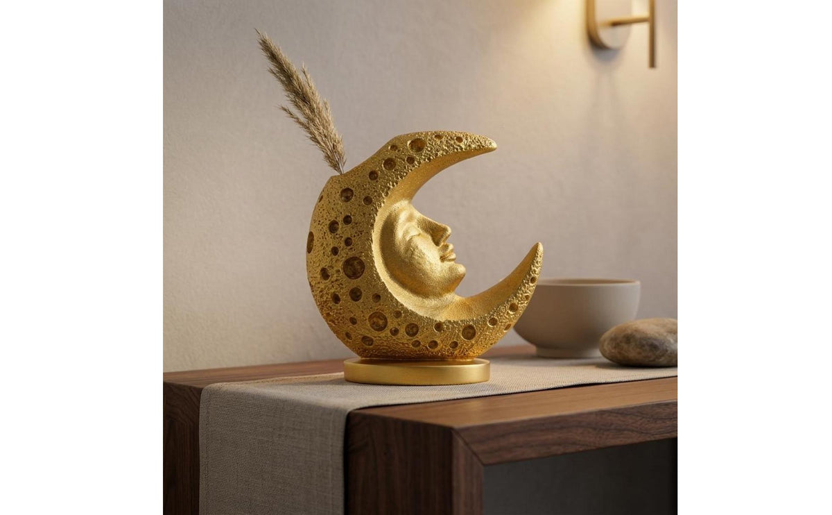 Moon Resin Vase Statue Design Table Centerpiece Gold Finish for Living Room
