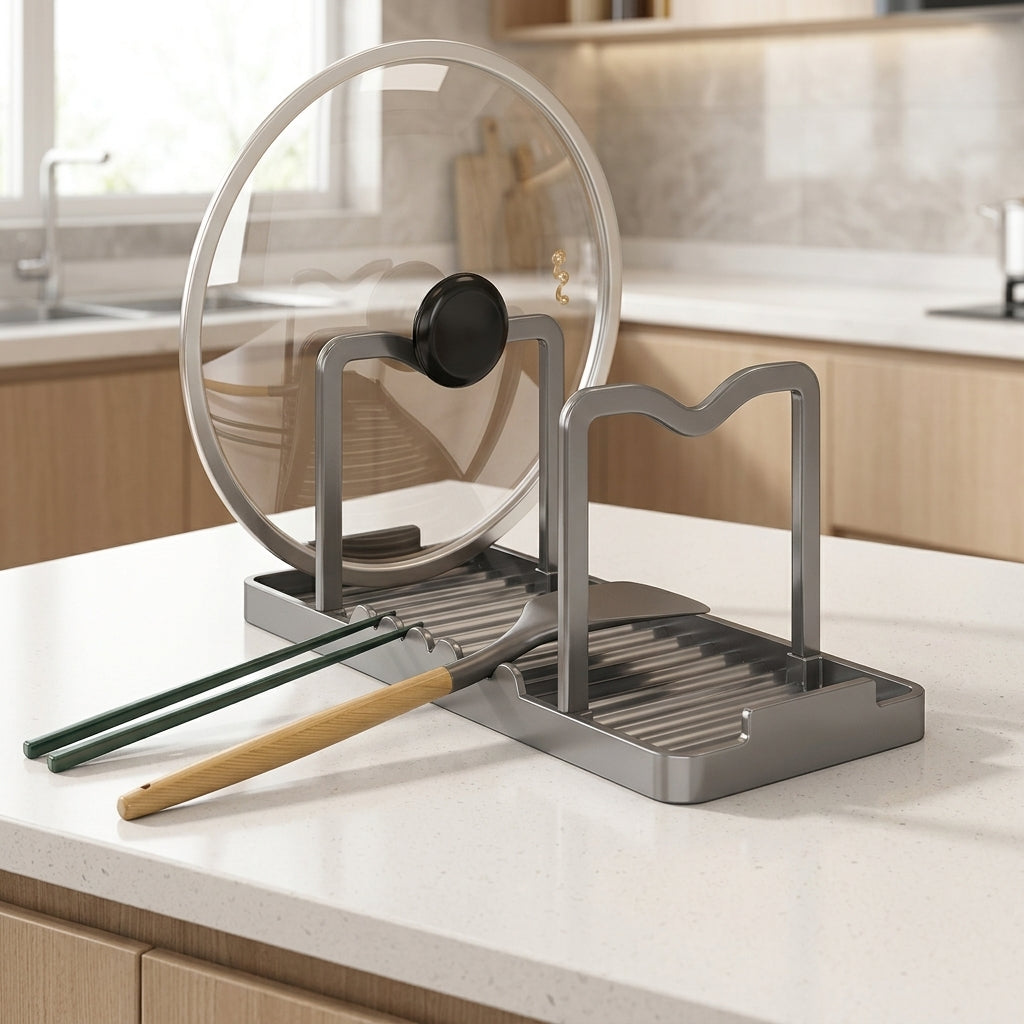 Pot Lid Holder, Utensil Holder, Spoon Rest, 2-Layer Countertop Pot Lid Organiser Rack, Modern Minimalist Kitchen Organiser