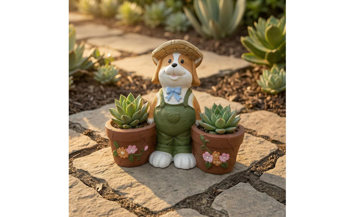 Solar Dog Planter Statue Magnesium Compound Oxide Dog Statue Planter Resin Creature Flower Pot Sculpture Straw Hat Garden Decor