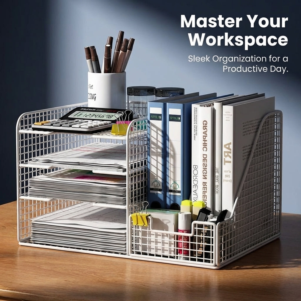 Desk Storage Organizer with Rotating Metal Frame, Multi-Tier Desktop File for Office Workers, Document Rack Management