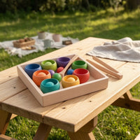 Balls in Cups Toy with Serving Utensil Educational Wooden Sorting Toy with Cups Rainbow Developmental Sorting Set Tray for Homeschool, Classroom