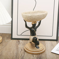 Woven-Look Basket Tray Figurine Gold-Toned Hand-Painted Resin Figurine Tabletop Home Decor Round Base