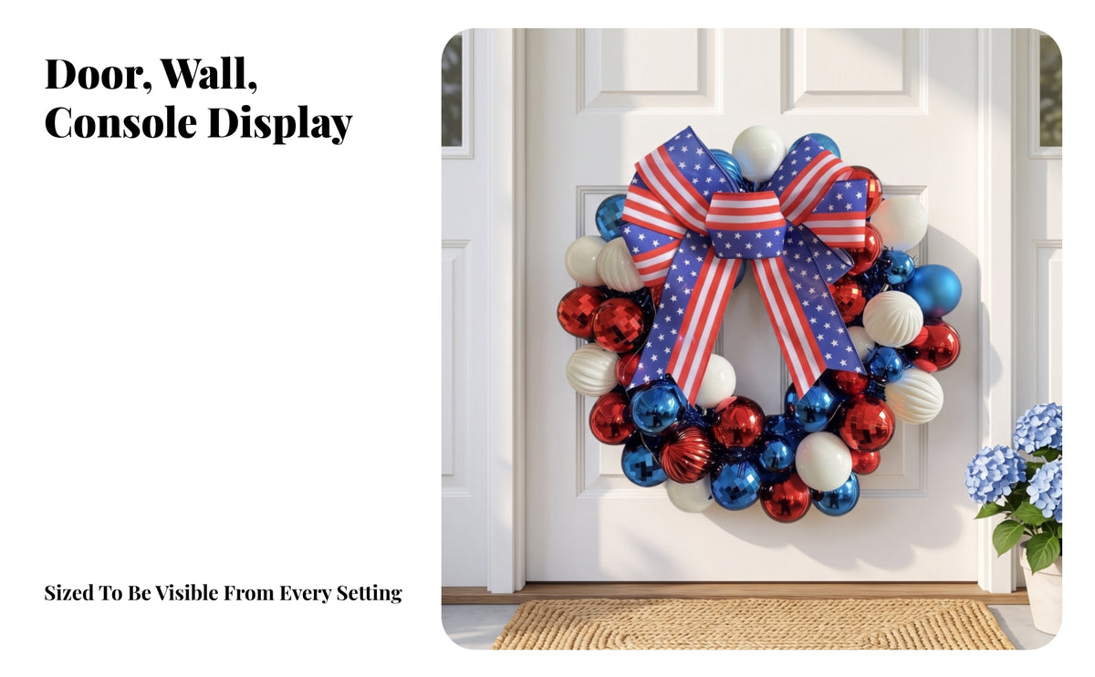 Ornament Wreath with Stars and Stripes | Festive, Door Wreath with Ribbon Bow, for Independence Day