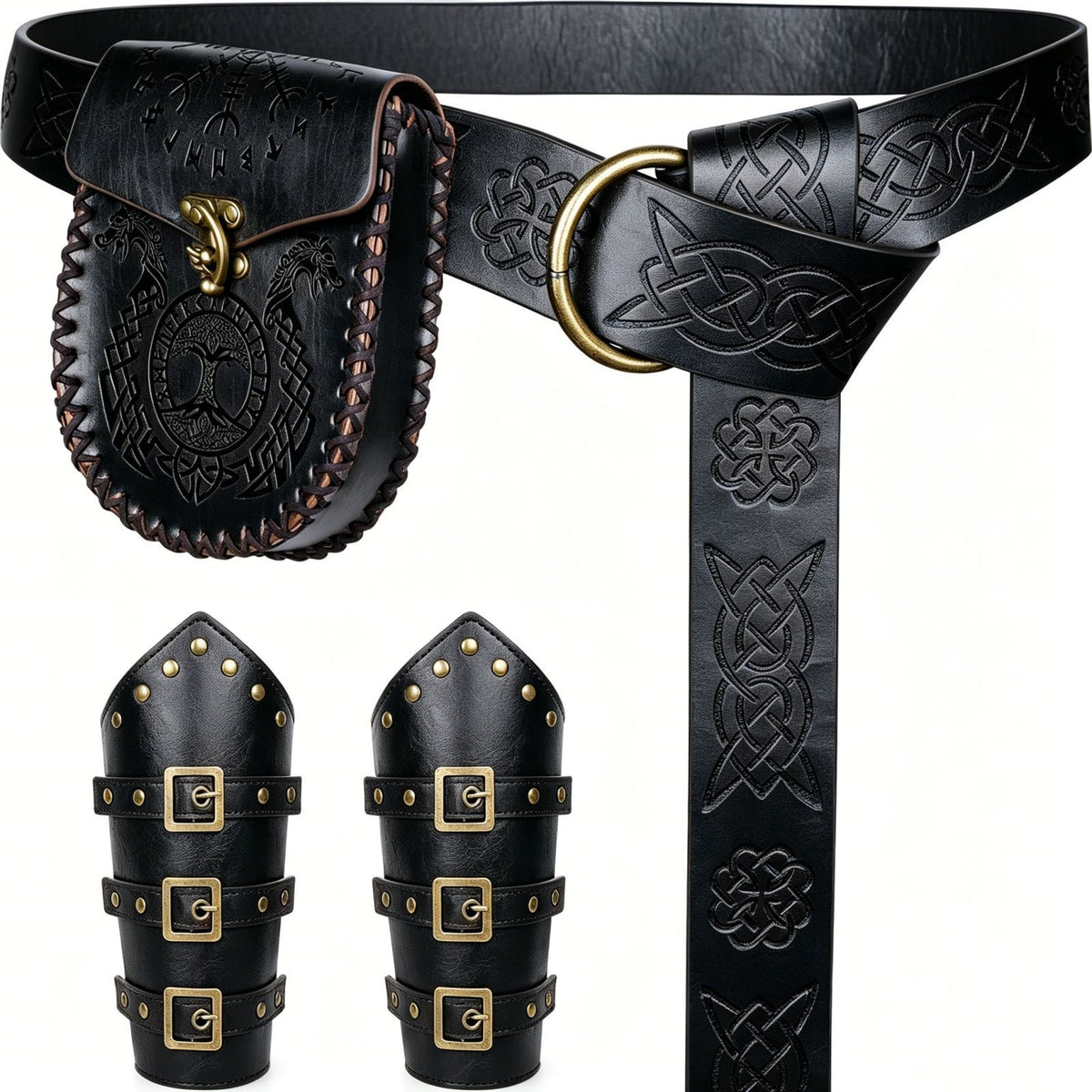 3 Pieces Renaissance Accessories Belt with Pouch and Bracers Medieval Costume Accessory Ensemble Vintage-Vintage-Themed Cosplay Battle Gear
