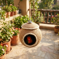 Hand-Woven Jute Rope Bird Nest for Small Parrots, 12cm Brown Bedding with 6cm Hole, Sturdy Cage and Garden Accessory