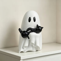 Spooky Ghost Figurine with Black Cat Tabletop Ghost and Black Cat Figurine Cute Halloween Ornament Seasonal for Goth Decor Lovers