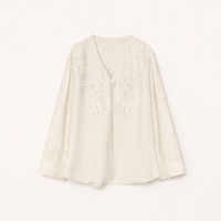 Long Sleeve Tops for Women with Embroidered Floral V-Neck Design, Linen Blend Blouse for Casual Everyday Wear and Going Out, Back Tie Detail