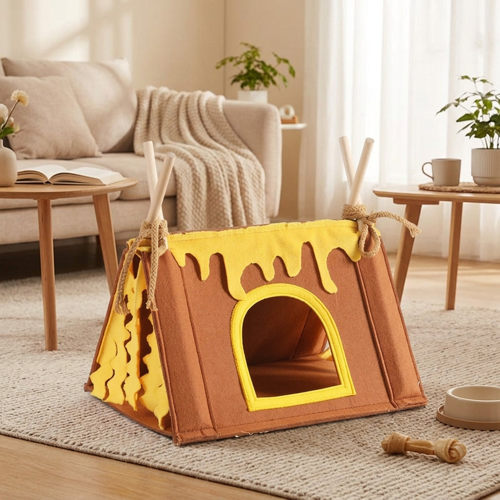 Breathable Felt Hideaway Guinea Pig Houses and Hideouts, Guinea Pig Accessories for Cage, Portable Wood and Felt Tent for Bunny and Hedgehog
