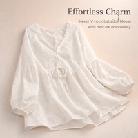 Long Sleeve Top with Tie Front Closure and Embroidered Detail for Plus Size Women, Summer for Casual Wear in Soft Textile