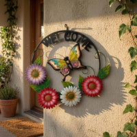 Floral Butterfly Wall Plaque Iron Crafted Metal Welcome Wall Decor 3D Layered Floral Butterfly Sign for Patio