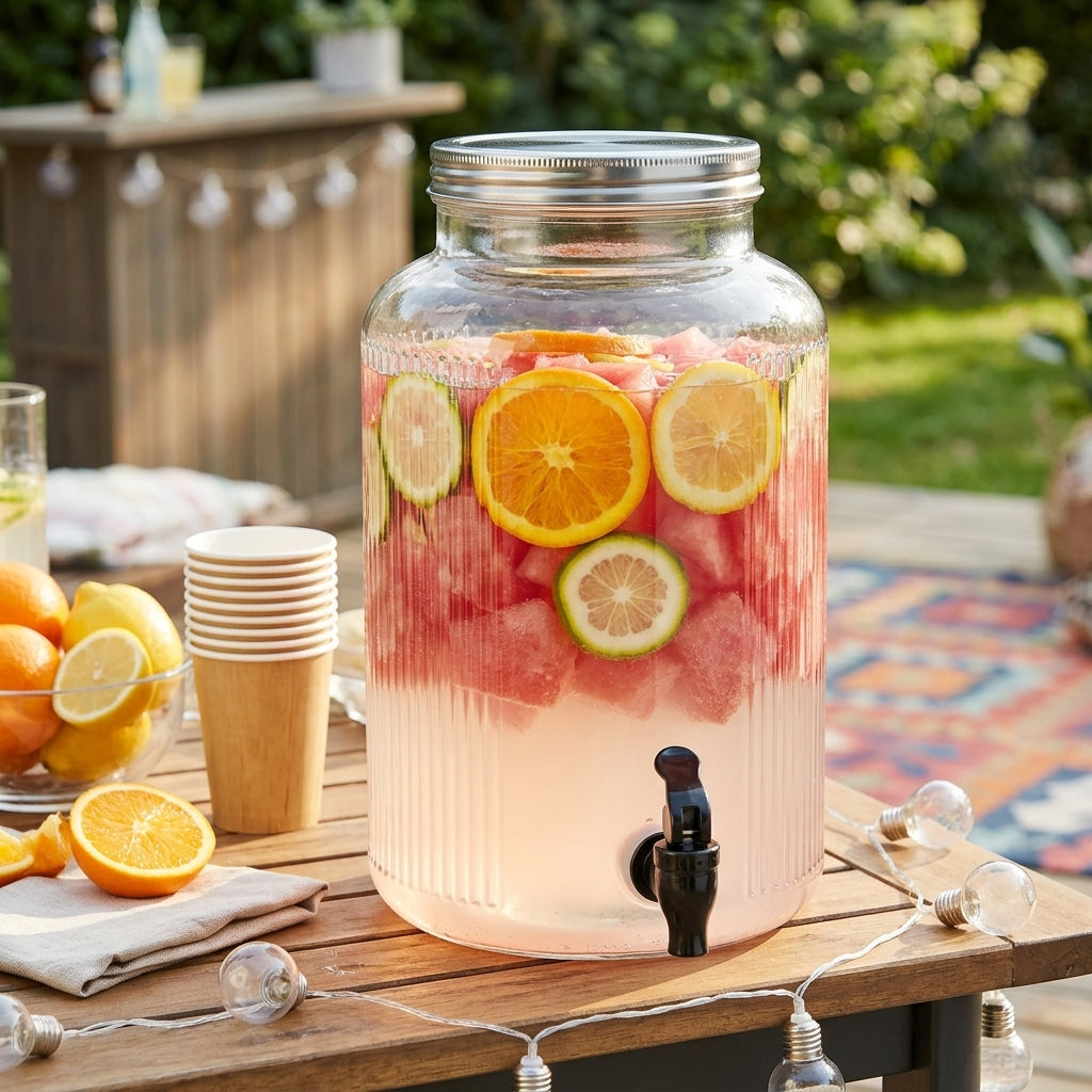 Water Dispenser with Infuser, High Borosilicate Glass Cold Water Dispenser, Beer or Juice Dispenser, Large Capacity Modern Minimalist Party Jar